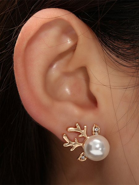 

Christmas Elegant Imitation Pearl Antler Rhinestone Stud Earrings, Golden, Earrings