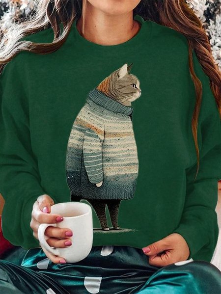 

Women's Winter Cat Print Sweatshirt, Green, Hoodies&Sweatshirts
