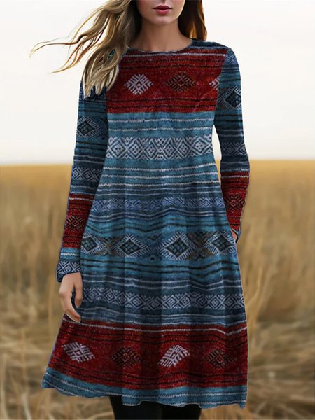 Casual Crew Neck Loose Ethnic Dress