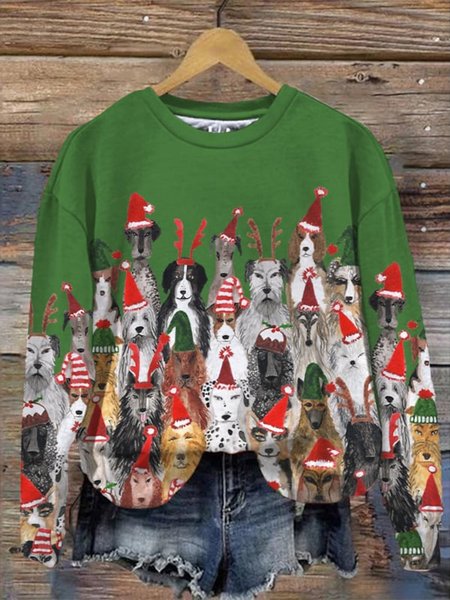 

Loose Casual Dog Crew Neck Sweatshirt, Green, Hoodies&Sweatshirts