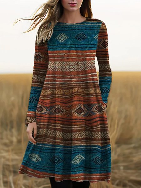 

Casual Crew Neck Loose Ethnic Dress, Brown, Dresses