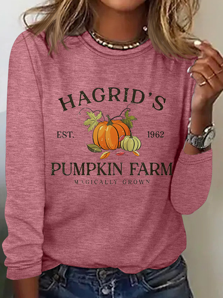 

Hagrid's Pumpkin Patch Crew Neck Casual Long Sleeve Shirt, Pink, Long sleeves