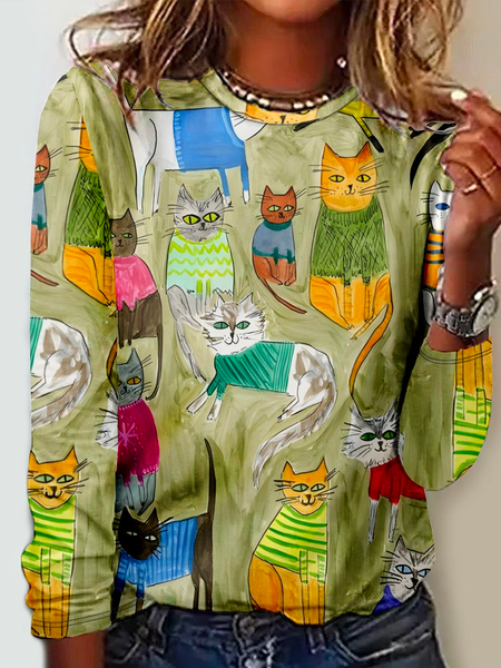 

Funny Cat Casual Crew Neck Regular Fit Long Sleeve Shirt, Green, Long sleeves