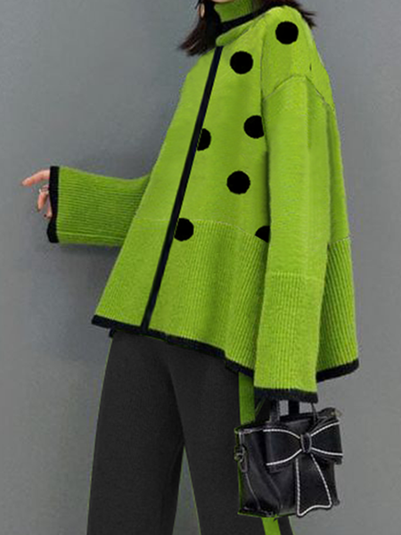 

High Elasticity Polka Dots Turtleneck Long Sleeve Loose Urban Sweater, Green, Pullovers