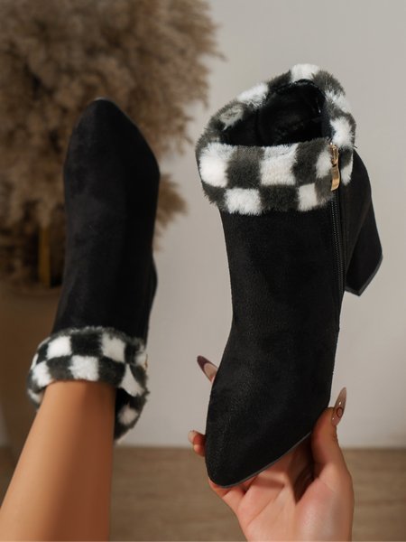 Christmas Checkerboard Grid Chunky Heel Dress Boots, Black, Boots