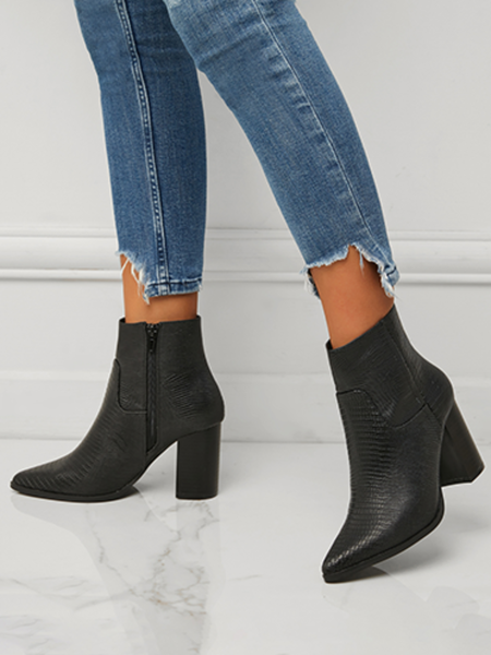 

Women Minimalist Embossed Chunky Heel Boots, Black, Shoes