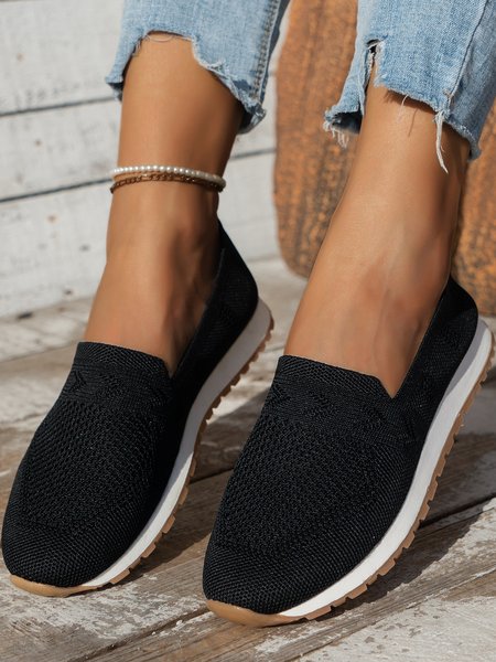 

Sports Plain Breathable Slip On Flat Heel Fly Woven Shoes, Black, Sneakers&Athletic