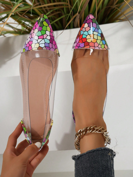 

Multicolor Printed PVC Flat Heel Shallow Shoes, Heels
