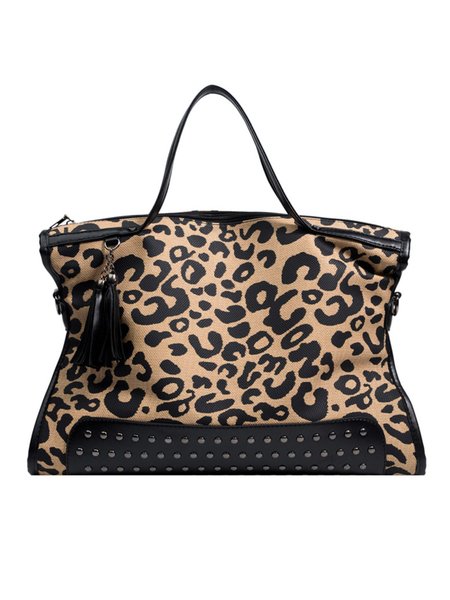

West Style Leopard Rivet Large Capacity Canvas Tote Bag, Black, Women's Bags