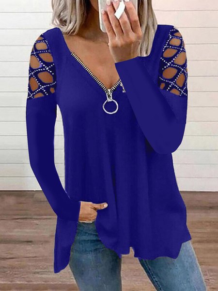 

Women Plain V Neck Casual Long Sleeve T-shirt, Blue, Long Sleeves