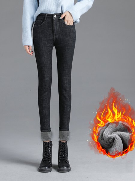 

Casual Plain Fluff/Granular Fleece Fabric Jeans, Deep gray, Jeans