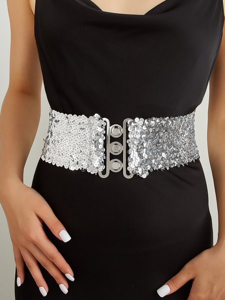 

Fashion Party Sequined Elastic Waistband, Silver, Belts