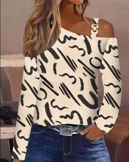One Shoulder Long Sleeve Abstract Regular Medium Elasticity Regular Fit Shirt For Women, Stripe, Blouses
