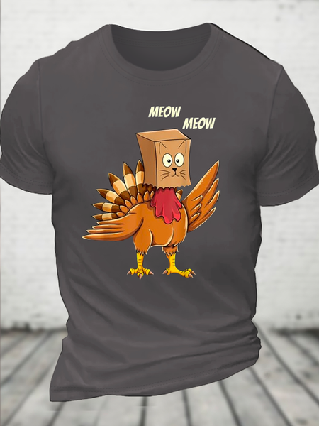 

Cotton Thanksgiving Turkey Cat Meow Funny Casual Loose T-Shirt, Deep gray, T-shirts