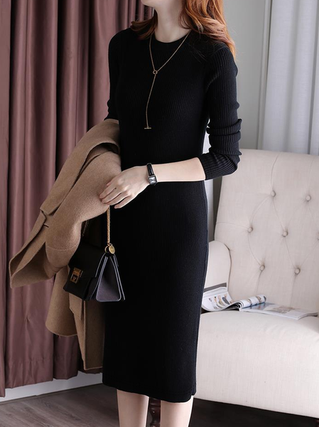 

Casual Plain Long Sleeve Dress, Black, Midi Dresses
