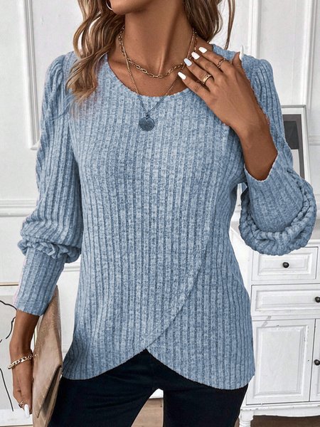 

Crew Neck Loose Plain Casual Lantern Sleeve Shirt, Blue, Long Sleeves