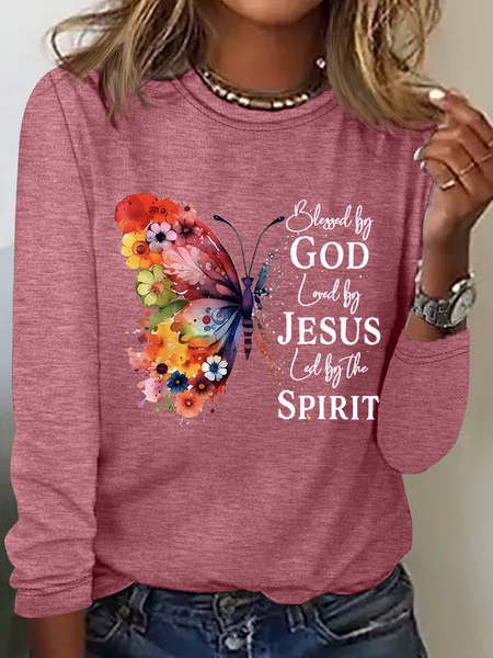 

Blessed By God Loved By Jesus Led By The Spirit Casual Butterfly Shirt, Pink, Long sleeves
