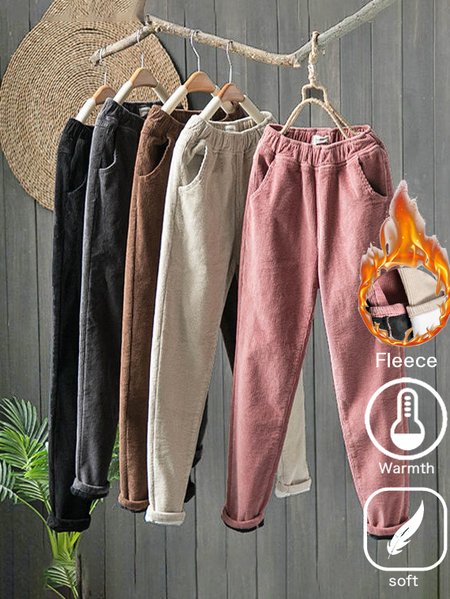 

Fleece Plain Corduroy Casual Pants, Pink, Pants