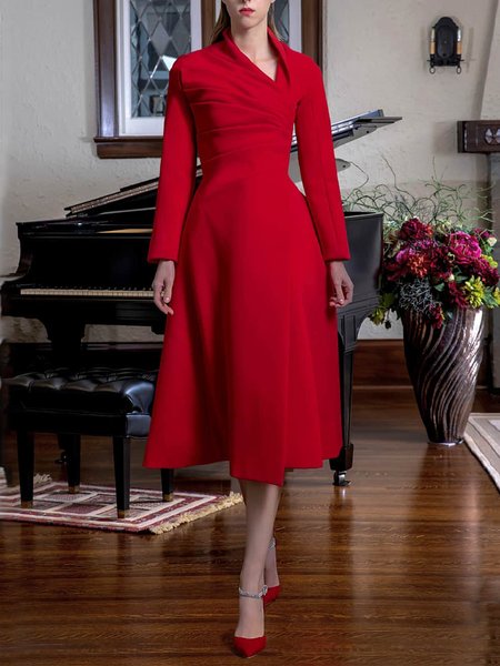 Plain Elegant Long Sleeve Midi Dress, Red, Midi Dresses