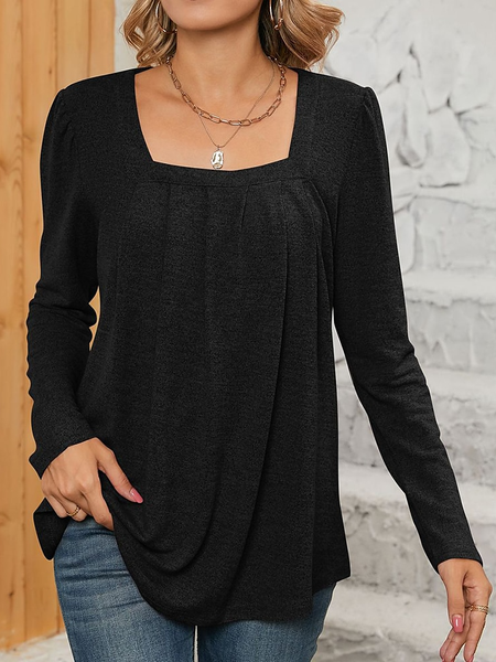 

Casual Gathered Regular Sleeve Shirt, Black, Long Sleeves