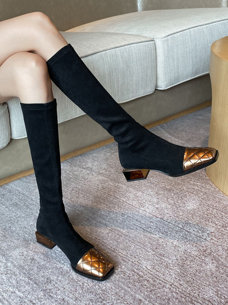 Flocked Color Block Fashion Boots（Little Elasticity）, Golden, Boots