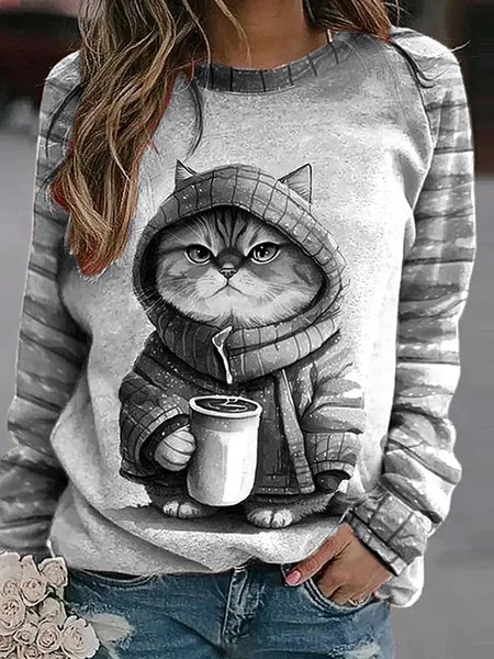 

Casual Crew Neck Cat Sweatshirt, Gray, Hoodies & Sweatshirts