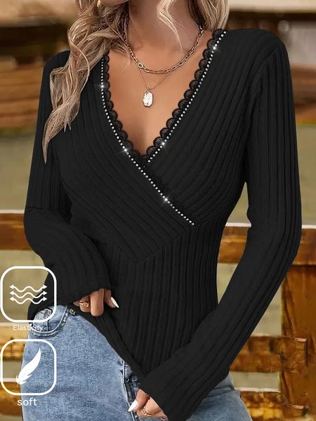 

Women Plain V Neck Casual Long Sleeve T-shirt, Black, Long Sleeves