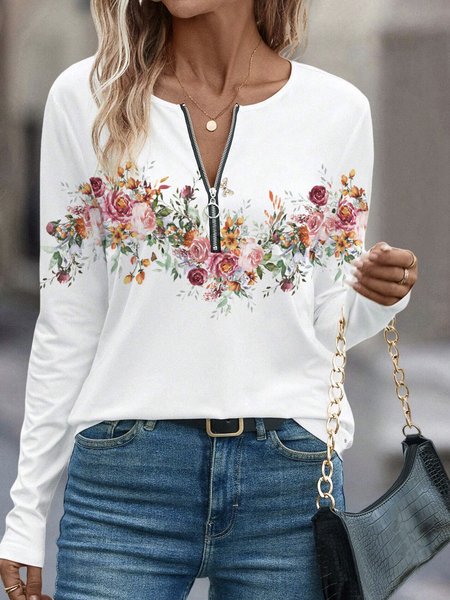 Casual Cotton-Blend Ombre Loose Shirt, White, Long sleeves