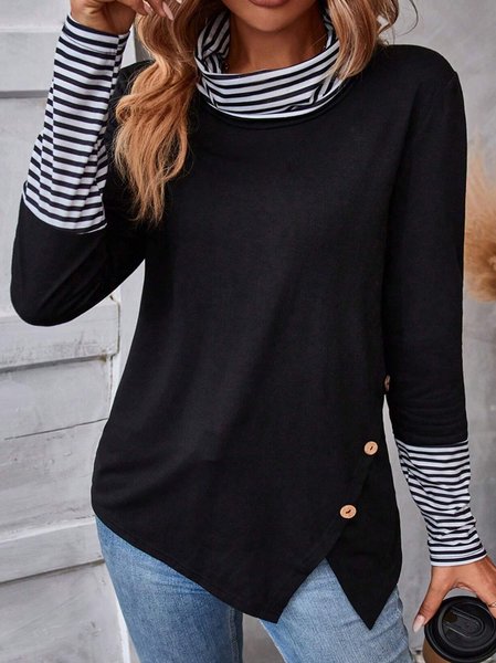 

Women Striped Turtleneck Casual Long Sleeve T-shirt, Black, Long Sleeves