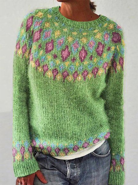 

Crew Neck Ethnic Casual Loose Sweater, Green, Sweaters