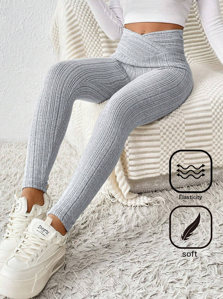

Plain Knitted Casual Leggings, Gray, leggings