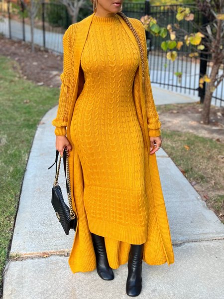 

Crew Neck Plain Urban Long Sleeve Sweater Dress, Yellow, Maxi Dresses