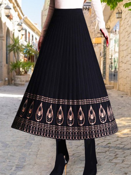Boho Ethnic A-Line Natural Maxi Skirt, Black-coffee, Skirts