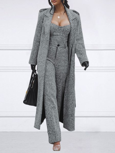 

Urban Lapel Collar Long Sleeve Plain Coat With Belt, Gray, Coats