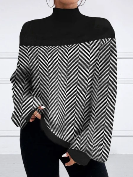 

Turtleneck Split Joint Color Block Urban Sweater, Black, Pullovers