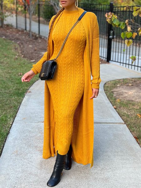 

Plain Urban Long Sleeve Loose Sweater Cardigan, Yellow, Cardigans