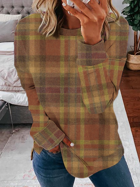 

Plaid Casual Sweatshirt, Brown, Hoodies&Sweatshirts