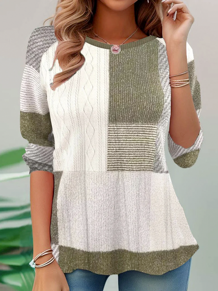 

Women Striped Crew Neck Casual Long Sleeve T-shirt, Green, Long Sleeves