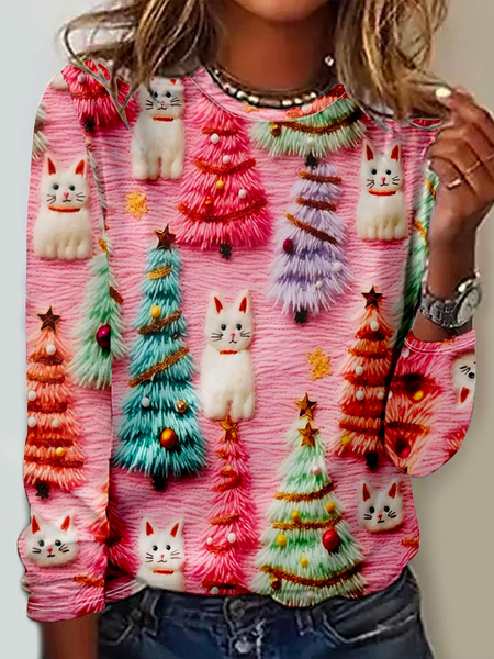 

Pink Funny Cat Regular Fit Crew Neck Casual Long Sleeve Shirt, Long sleeves