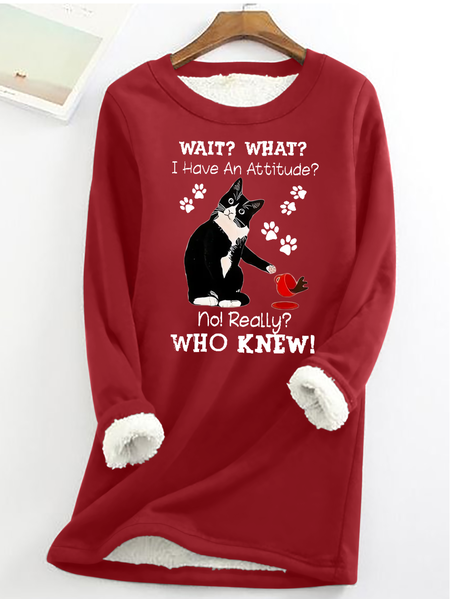 

Women's Funny Cat Wait What I Have An Attitude No Really Who Knew Casual Cat Fleece Sweatshirt, Red, Hoodies & Sweatshirts