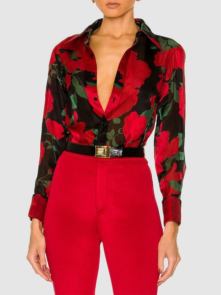 

Floral Urban Shirt Collar Regular Fit Blouse, Red, Blouses and Shirts