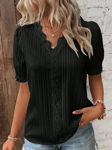 

Women Plain Elegant V Neck Lace Short Sleeve Summer T-Shirt, Black, Blouses & Shirts