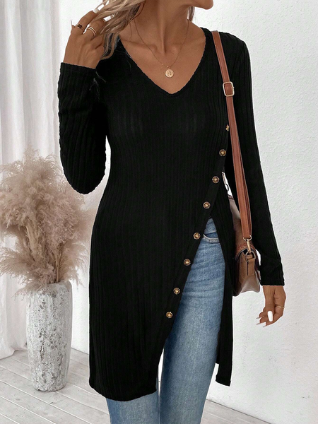 

Casual Loose V Neck Shirt, Black, Long Sleeves