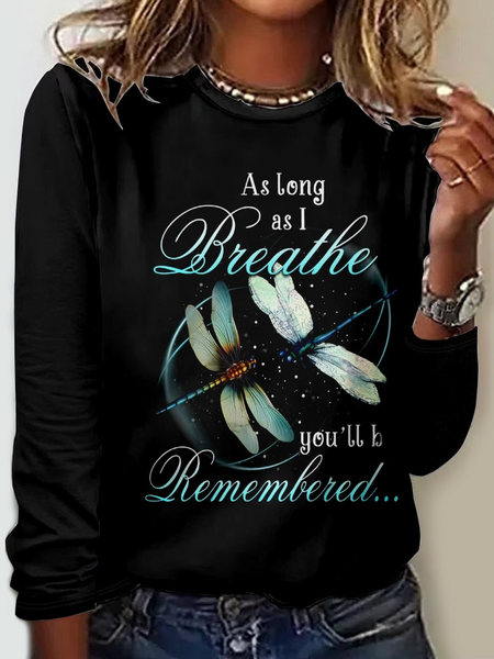 

As long As Breathe Casual Dragonfly Regular Fit Crew Neck Long Sleeve Shirt, Black, Long sleeves