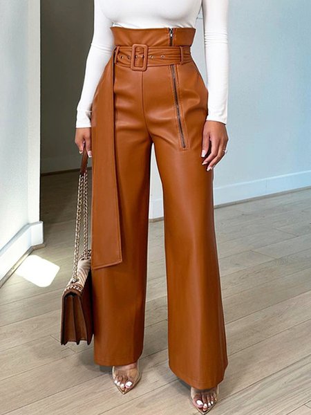 

Plus Size Urban High Waist Plain Leather Pants With Belt, Brown, Plus Pants