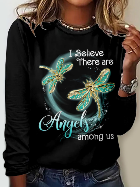 

I Believe There Are Angel Dragonfly Casual Crew Neck Regular Fit Long Sleeve Shirt, Black, Long sleeves