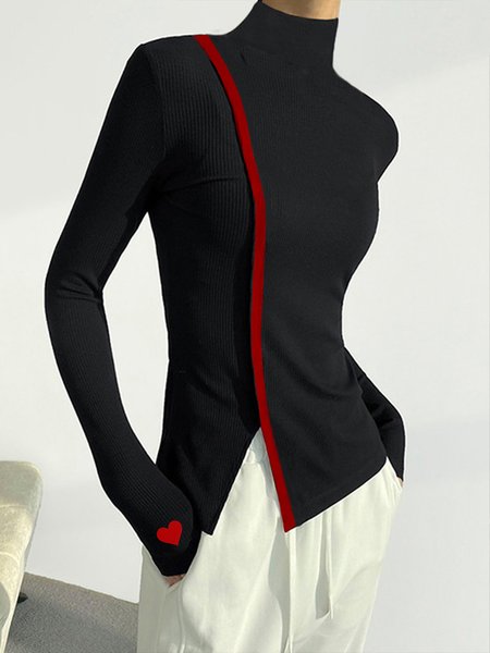 

Stand Collar Color Block Heart Urban Long Sleeve T-Shirt, Black, Tees