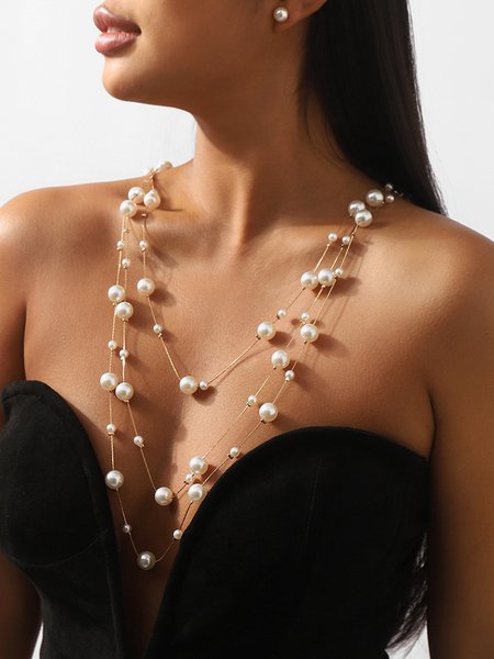 

Elegant Imitation Pearl Multilayer Necklaces with Stud Earrings Jewelry Set, As picture, Necklaces