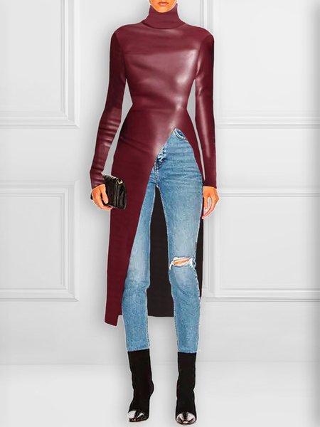 

Plain Urban Turtleneck Long Sleeve Faux Leather Top, Crimson, Tops