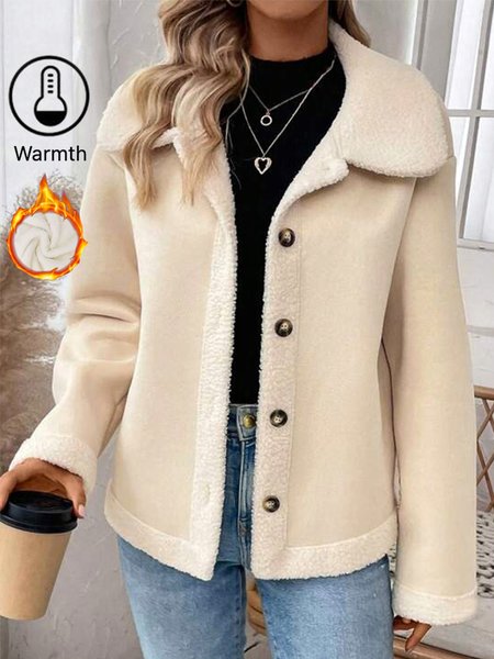 

Warmth Buckle Long Sleeve Casual Plain Fleece Fabric Teddy Jacket, Apricot, Outerwear